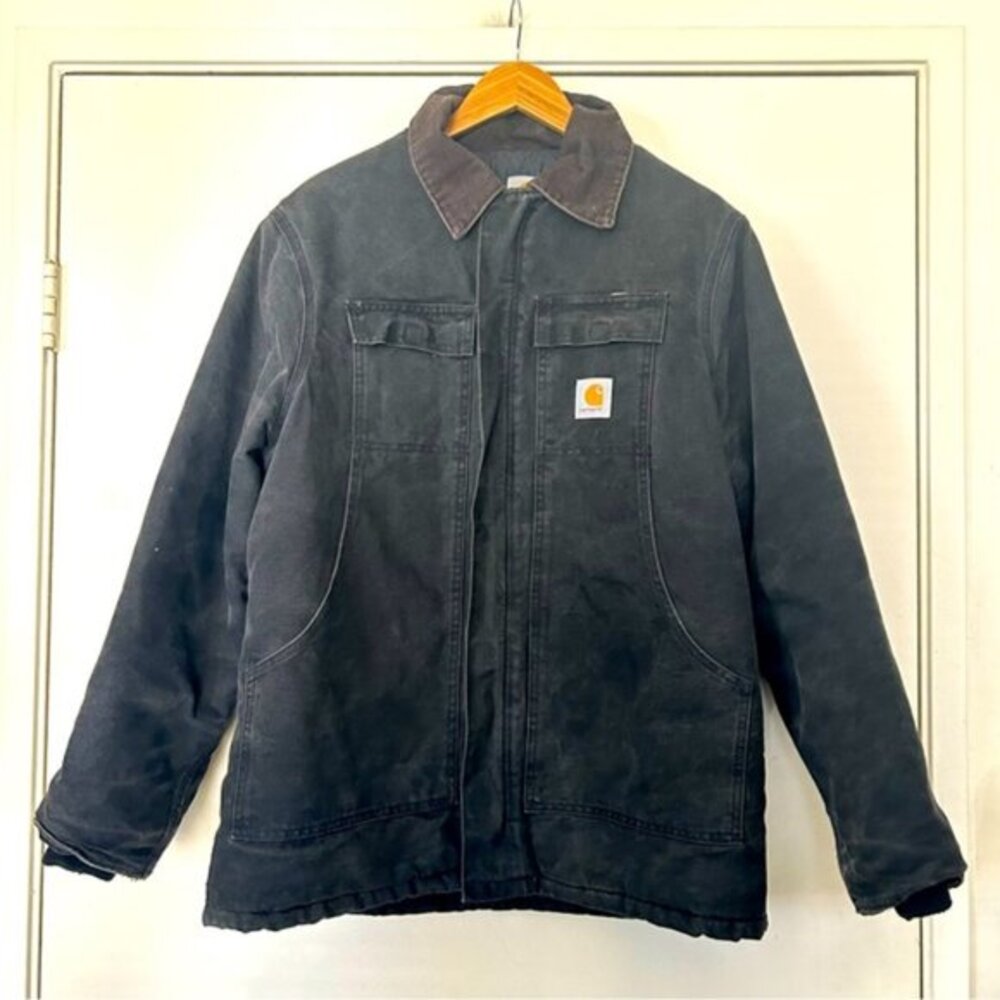 Vintage Carhartt Black Canvas Quilted Corduroy Collar Chore Work Jacket Size 48 - Picture 1 of 12